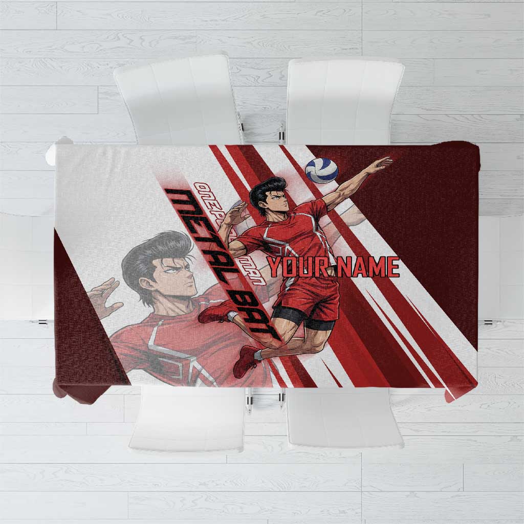 Personalized Metal Bat Volleyball Design Tablecloth with Red Athletic Theme and Powerful Action Pose