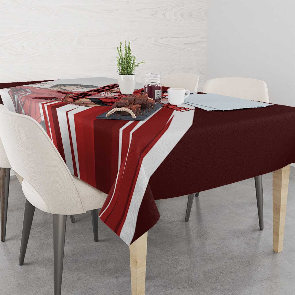 Personalized Metal Bat Volleyball Design Tablecloth with Red Athletic Theme and Powerful Action Pose