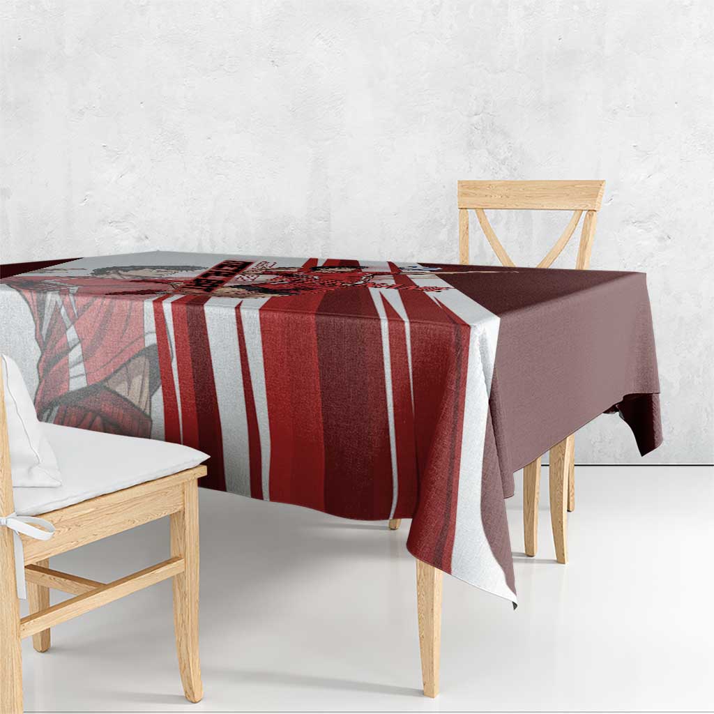 Personalized Metal Bat Volleyball Design Tablecloth with Red Athletic Theme and Powerful Action Pose