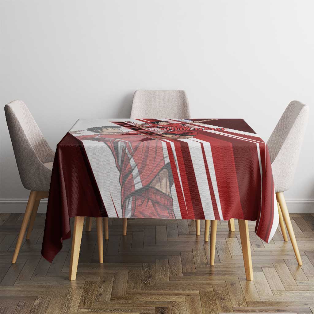 Personalized Metal Bat Volleyball Design Tablecloth with Red Athletic Theme and Powerful Action Pose