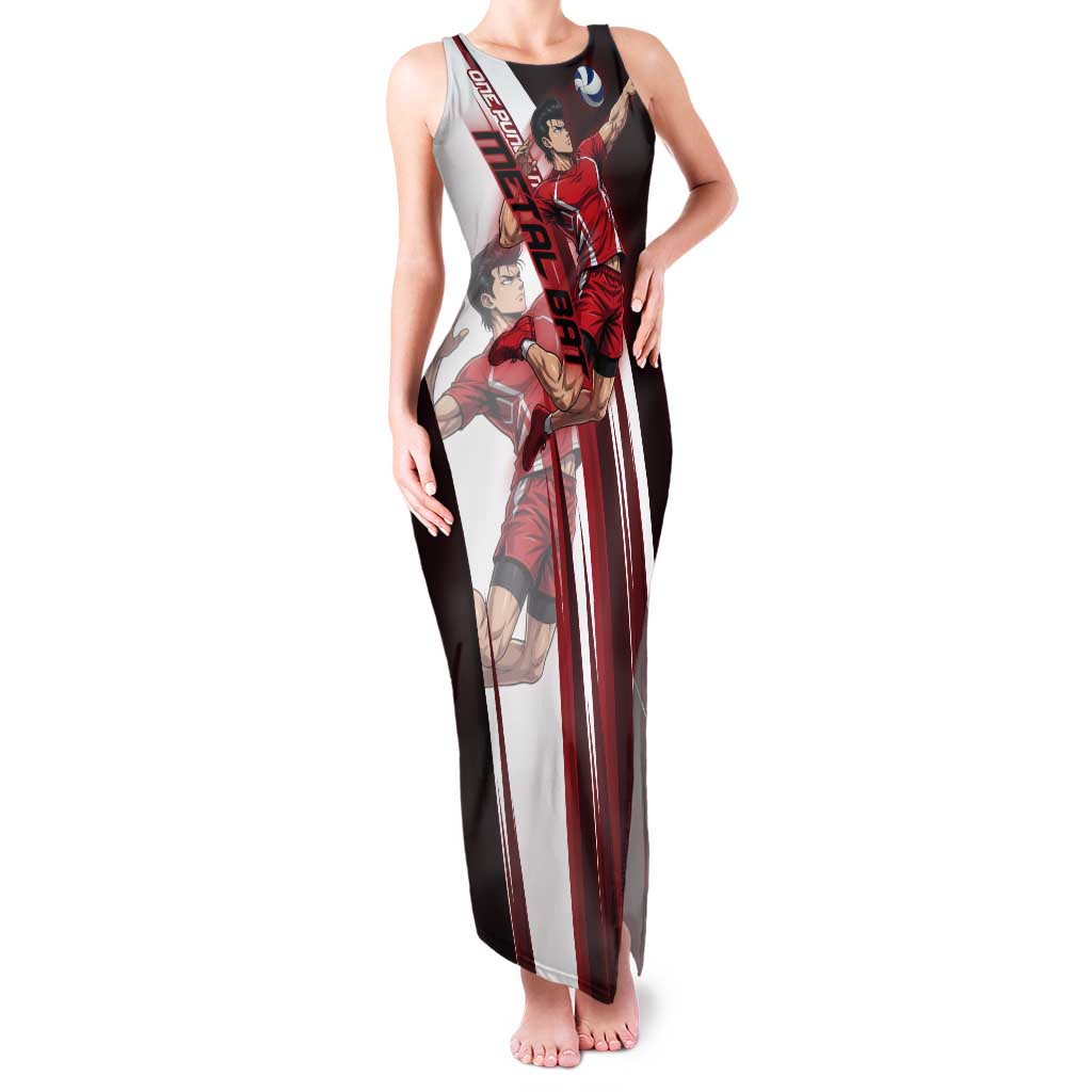 Personalized Metal Bat Volleyball Design Tank Maxi Dress with Red Athletic Theme and Powerful Action Pose