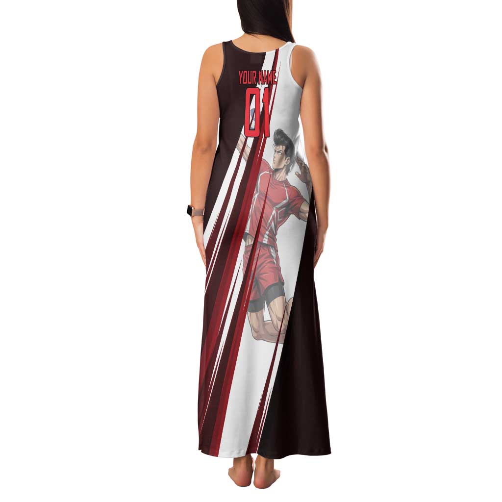 Personalized Metal Bat Volleyball Design Tank Maxi Dress with Red Athletic Theme and Powerful Action Pose