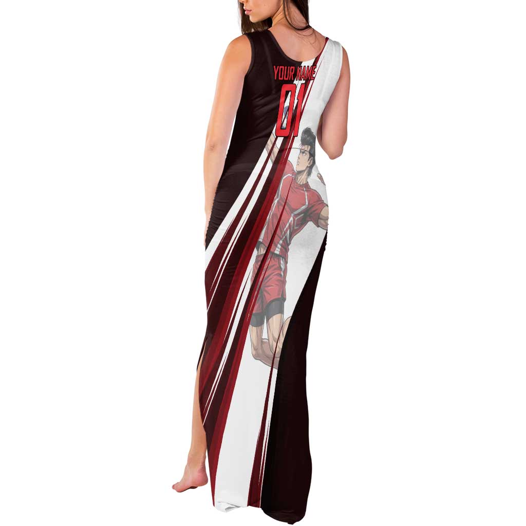 Personalized Metal Bat Volleyball Design Tank Maxi Dress with Red Athletic Theme and Powerful Action Pose