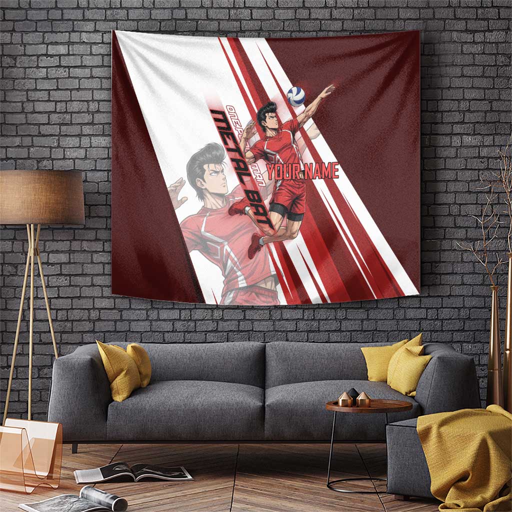 Personalized Metal Bat Volleyball Design Tapestry with Red Athletic Theme and Powerful Action Pose