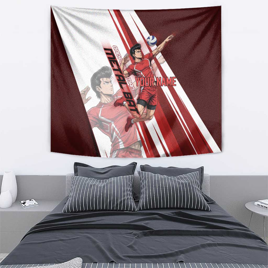 Personalized Metal Bat Volleyball Design Tapestry with Red Athletic Theme and Powerful Action Pose