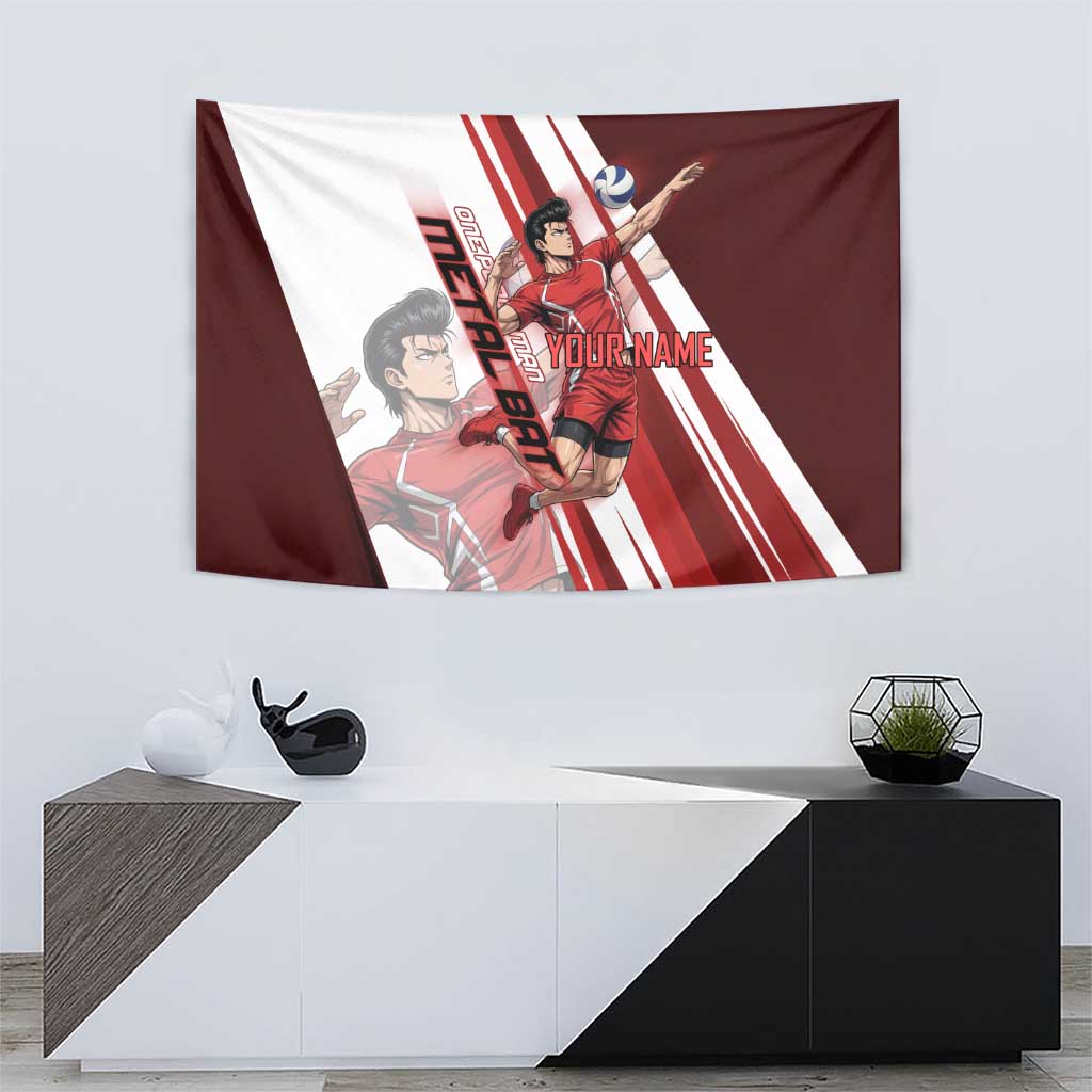 Personalized Metal Bat Volleyball Design Tapestry with Red Athletic Theme and Powerful Action Pose