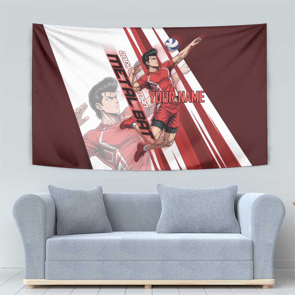 Personalized Metal Bat Volleyball Design Tapestry with Red Athletic Theme and Powerful Action Pose