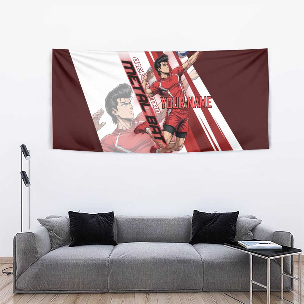 Personalized Metal Bat Volleyball Design Tapestry with Red Athletic Theme and Powerful Action Pose