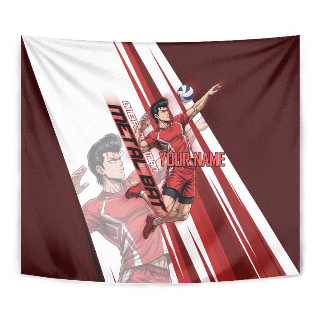 Personalized Metal Bat Volleyball Design Tapestry with Red Athletic Theme and Powerful Action Pose
