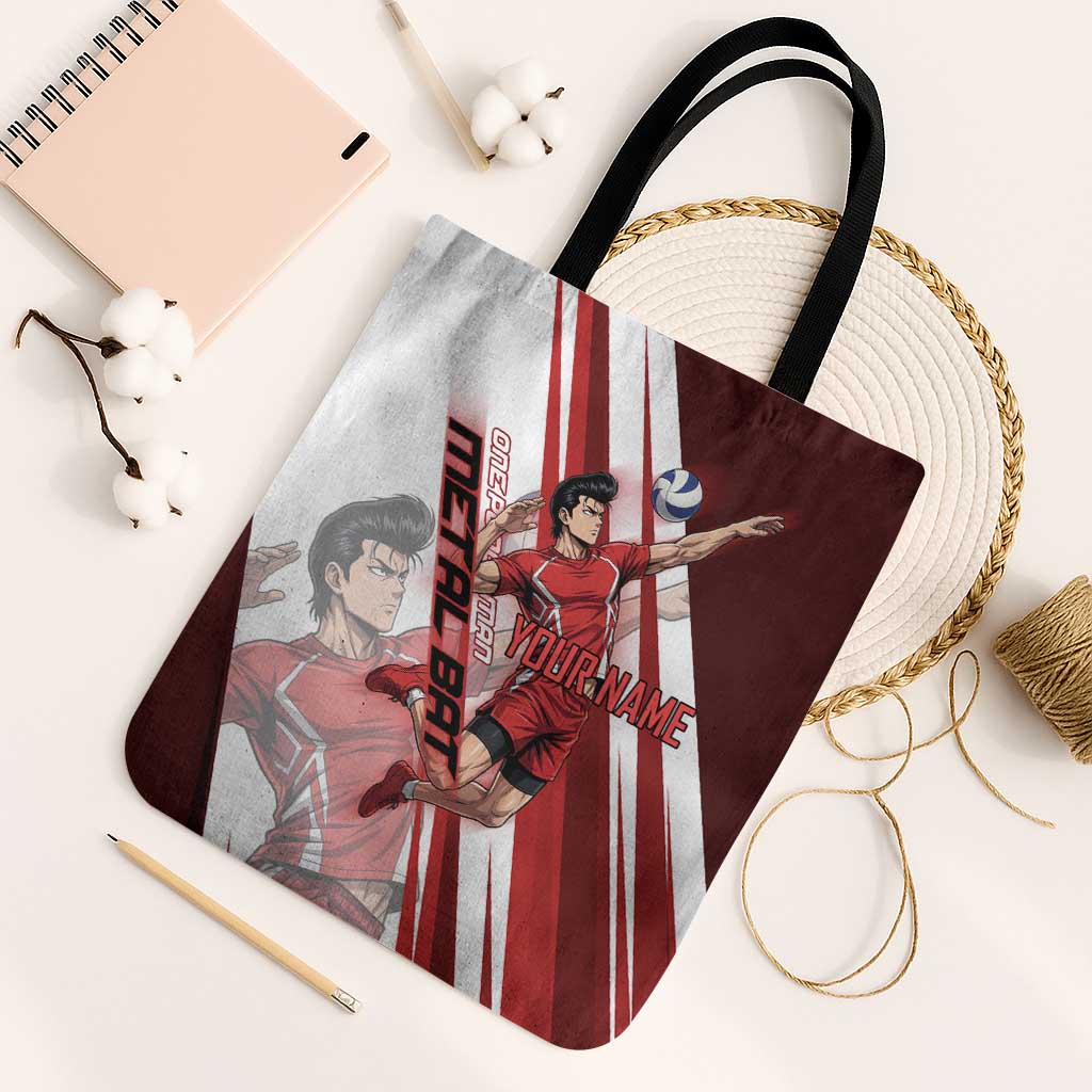 Personalized Metal Bat Volleyball Design Tote Bag with Red Athletic Theme and Powerful Action Pose