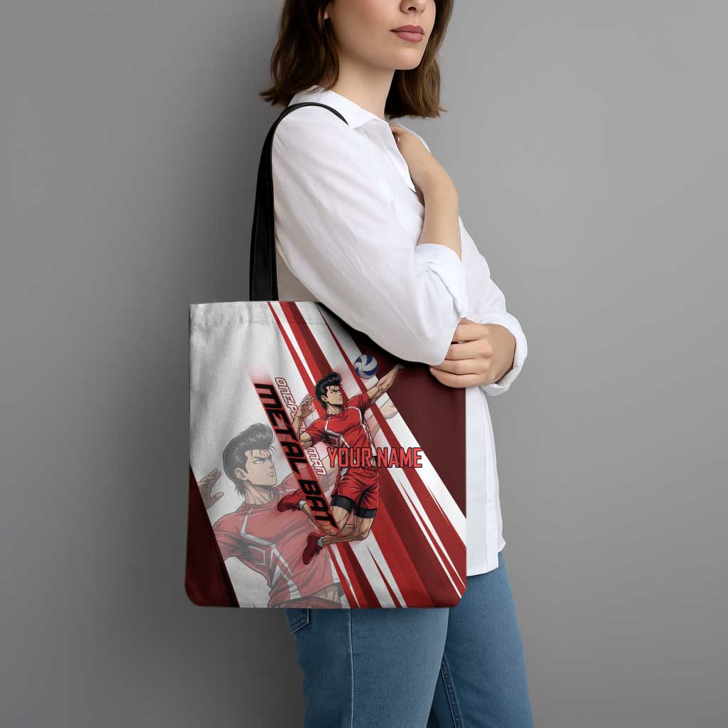 Personalized Metal Bat Volleyball Design Tote Bag with Red Athletic Theme and Powerful Action Pose