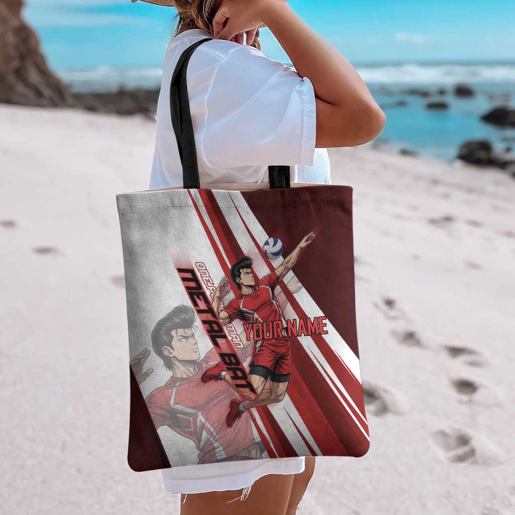 Personalized Metal Bat Volleyball Design Tote Bag with Red Athletic Theme and Powerful Action Pose