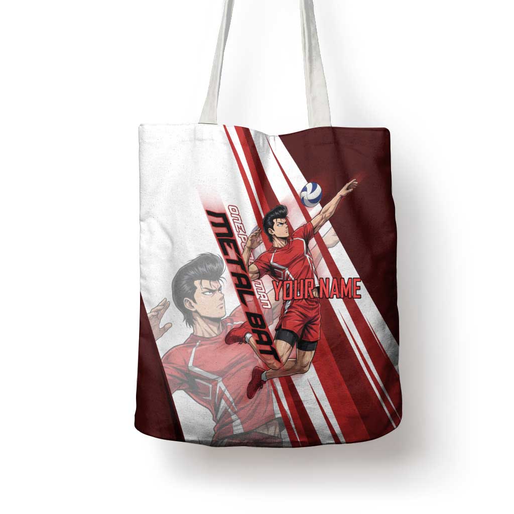 Personalized Metal Bat Volleyball Design Tote Bag with Red Athletic Theme and Powerful Action Pose