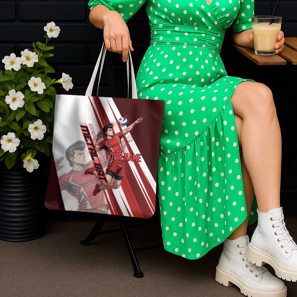 Personalized Metal Bat Volleyball Design Tote Bag with Red Athletic Theme and Powerful Action Pose