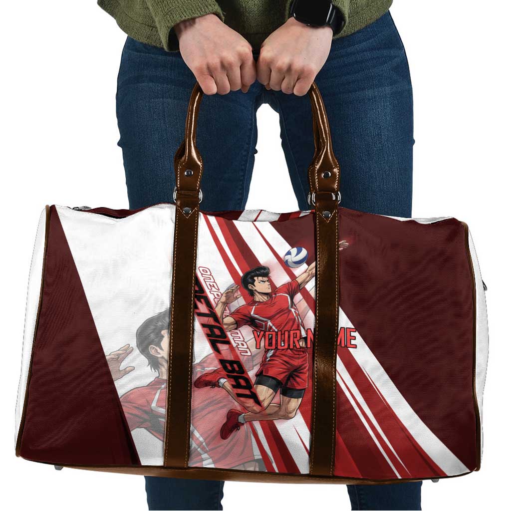 Personalized Metal Bat Volleyball Design Travel Bag with Red Athletic Theme and Powerful Action Pose