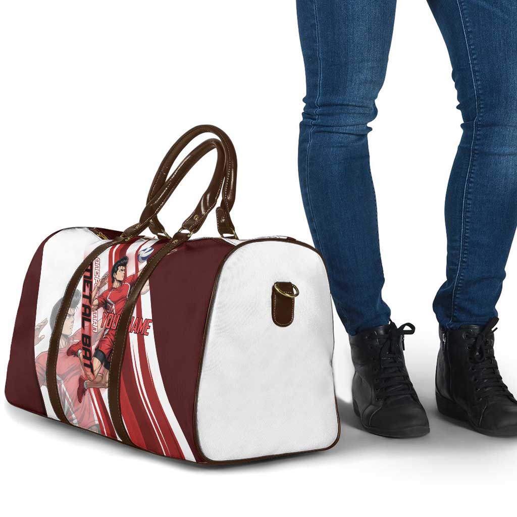 Personalized Metal Bat Volleyball Design Travel Bag with Red Athletic Theme and Powerful Action Pose