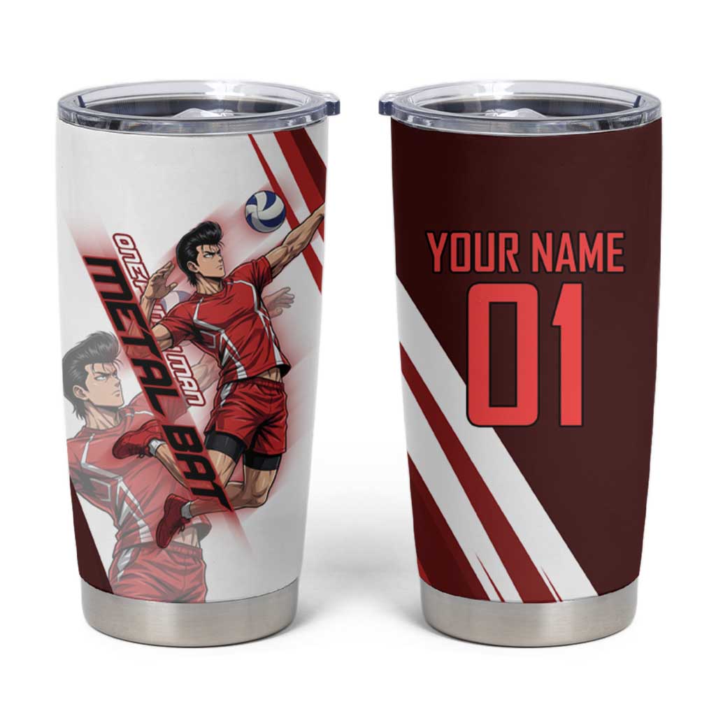 Personalized Metal Bat Volleyball Design Tumbler Cup with Red Athletic Theme and Powerful Action Pose