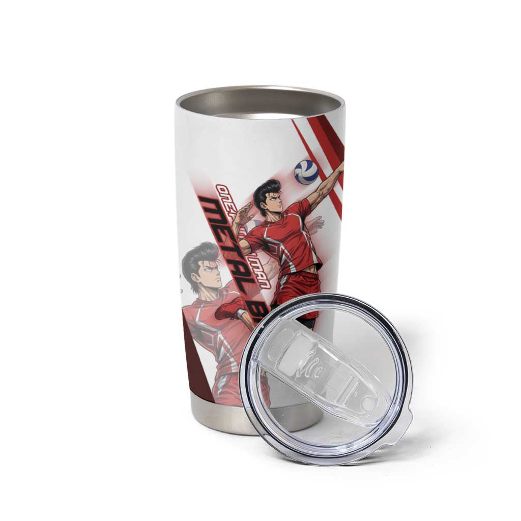 Personalized Metal Bat Volleyball Design Tumbler Cup with Red Athletic Theme and Powerful Action Pose