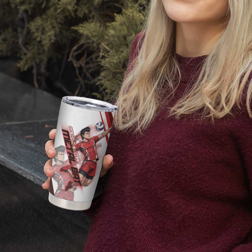 Personalized Metal Bat Volleyball Design Tumbler Cup with Red Athletic Theme and Powerful Action Pose