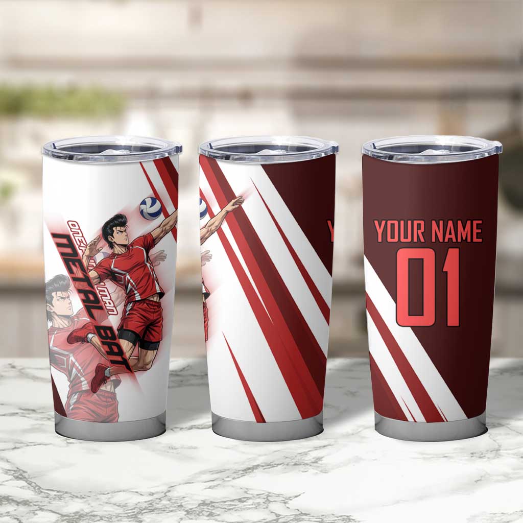 Personalized Metal Bat Volleyball Design Tumbler Cup with Red Athletic Theme and Powerful Action Pose