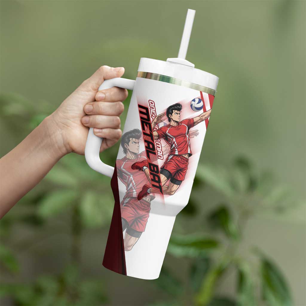 Personalized Metal Bat Volleyball Design Tumbler With Handle with Red Athletic Theme and Powerful Action Pose