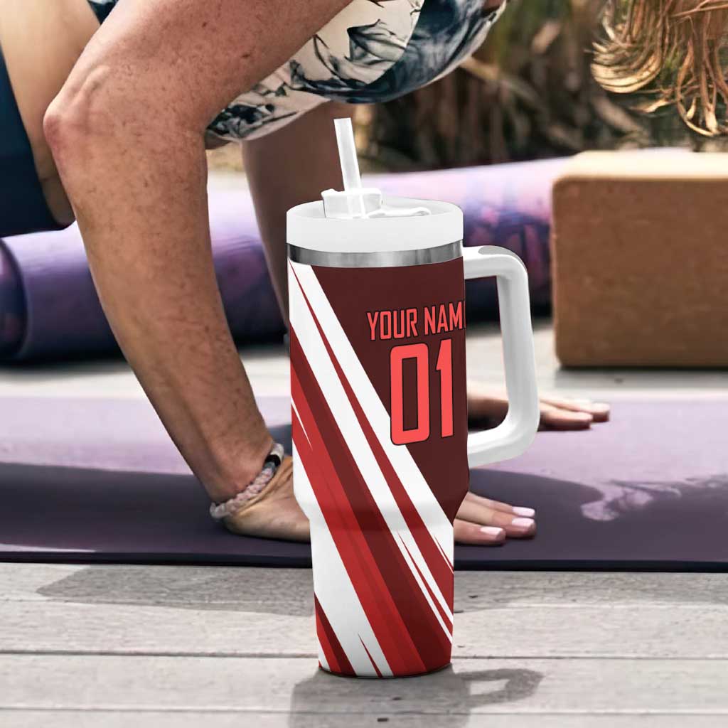 Personalized Metal Bat Volleyball Design Tumbler With Handle with Red Athletic Theme and Powerful Action Pose