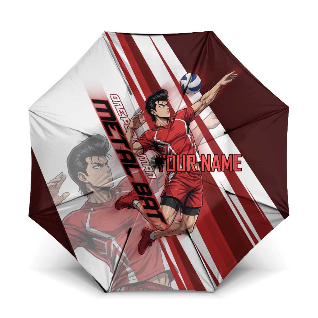 Personalized Metal Bat Volleyball Design Umbrella with Red Athletic Theme and Powerful Action Pose