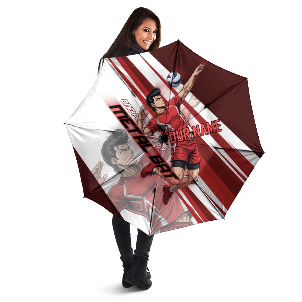 Personalized Metal Bat Volleyball Design Umbrella with Red Athletic Theme and Powerful Action Pose