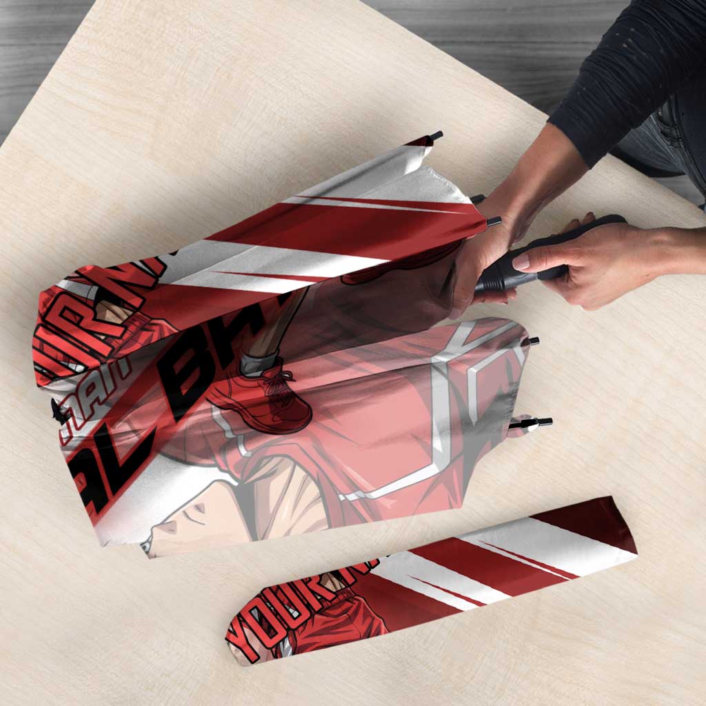 Personalized Metal Bat Volleyball Design Umbrella with Red Athletic Theme and Powerful Action Pose