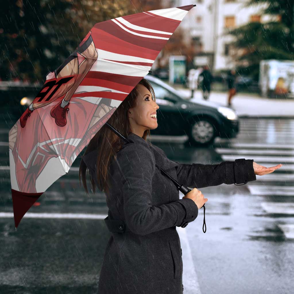 Personalized Metal Bat Volleyball Design Umbrella with Red Athletic Theme and Powerful Action Pose