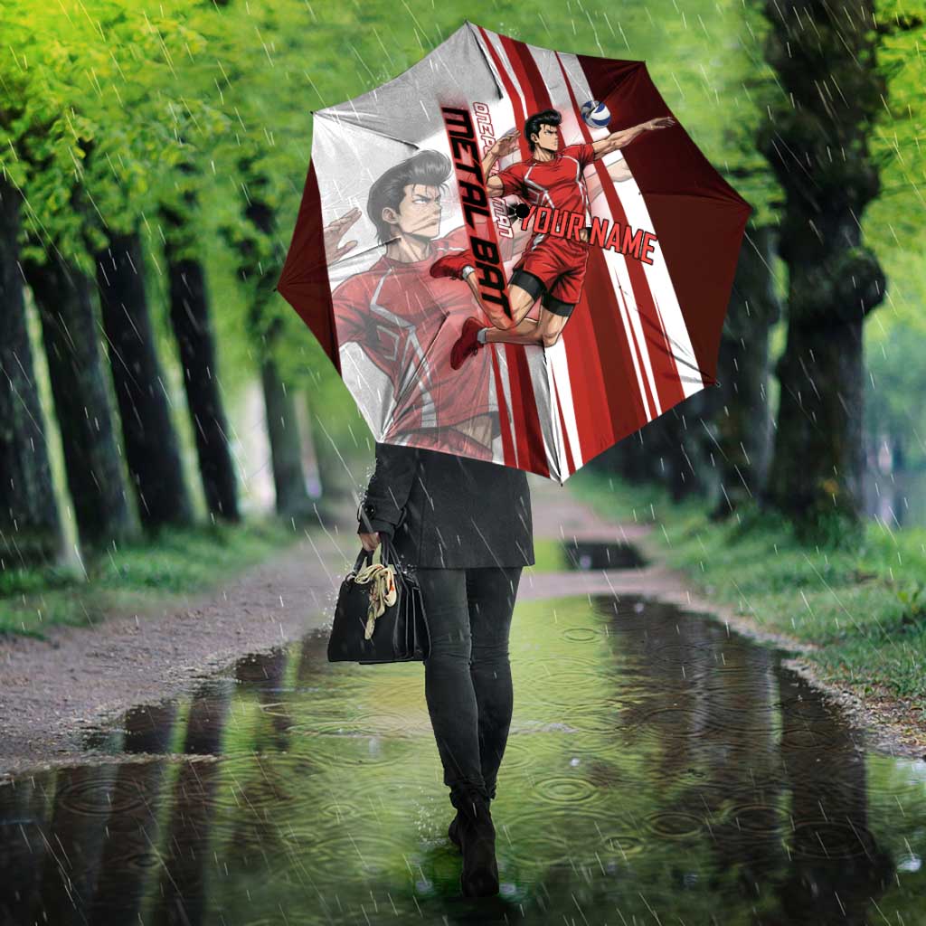 Personalized Metal Bat Volleyball Design Umbrella with Red Athletic Theme and Powerful Action Pose