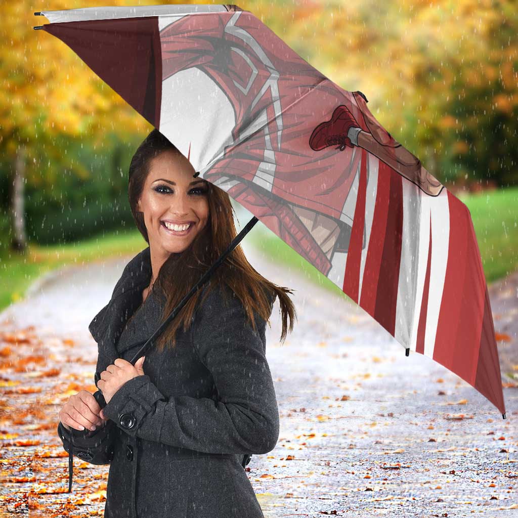 Personalized Metal Bat Volleyball Design Umbrella with Red Athletic Theme and Powerful Action Pose