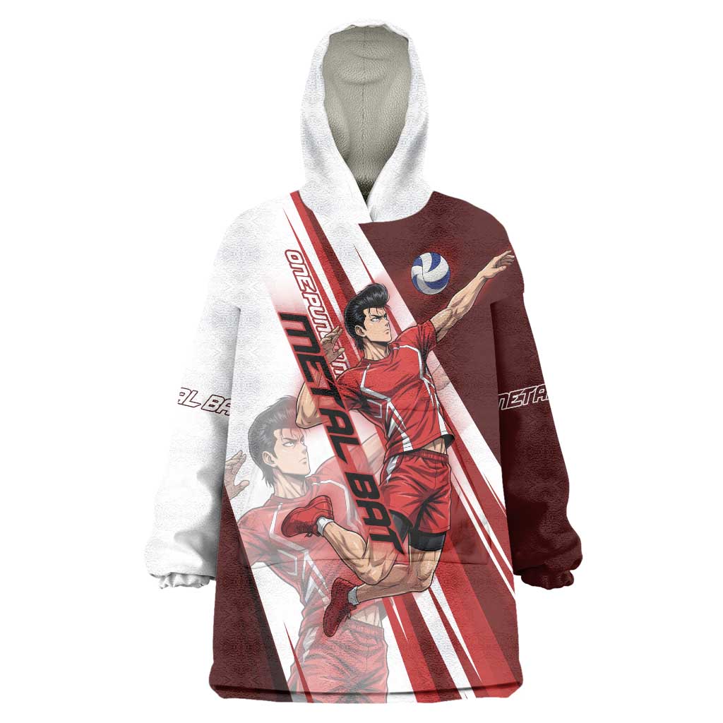 Personalized Metal Bat Volleyball Design Wearable Blanket Hoodie with Red Athletic Theme and Powerful Action Pose
