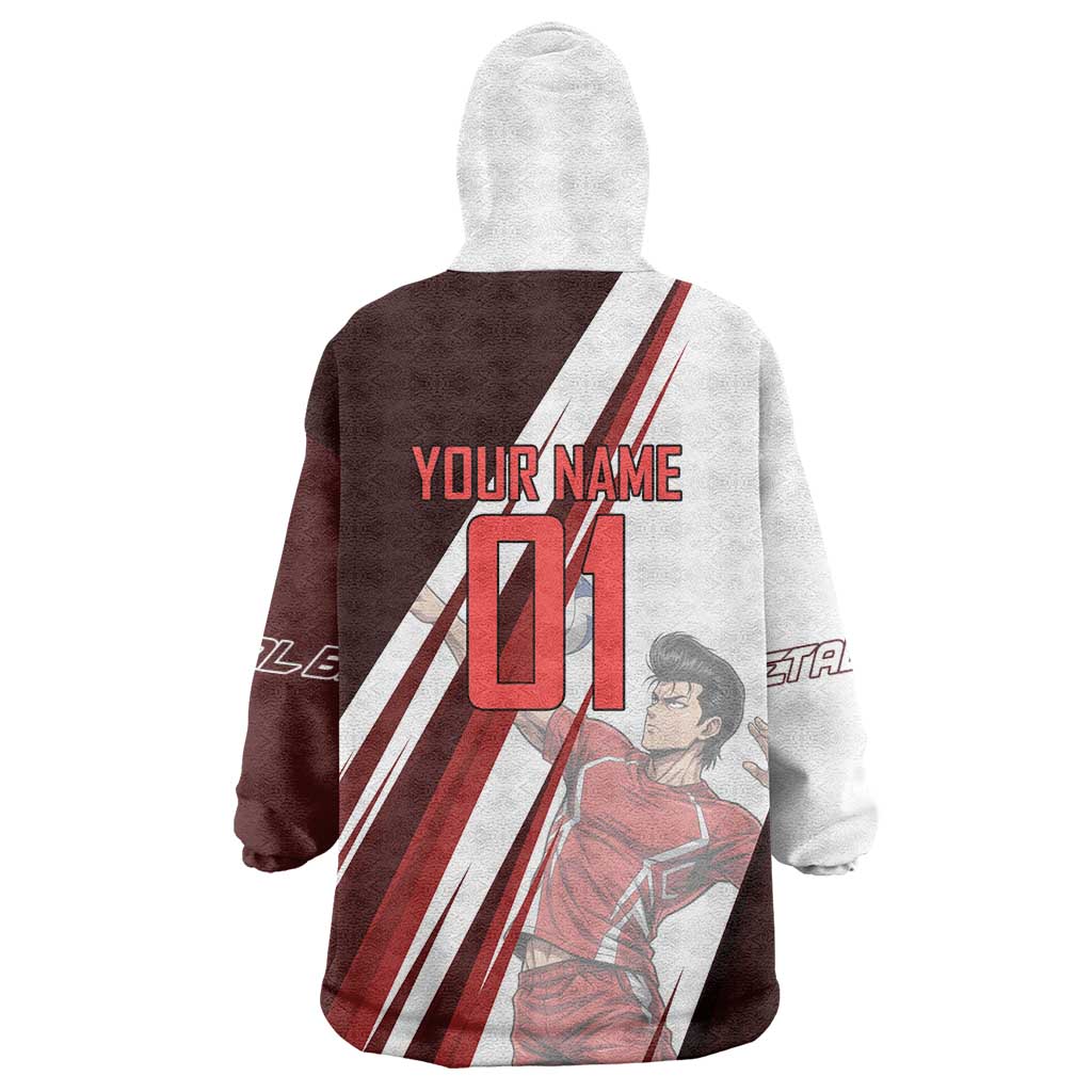 Personalized Metal Bat Volleyball Design Wearable Blanket Hoodie with Red Athletic Theme and Powerful Action Pose
