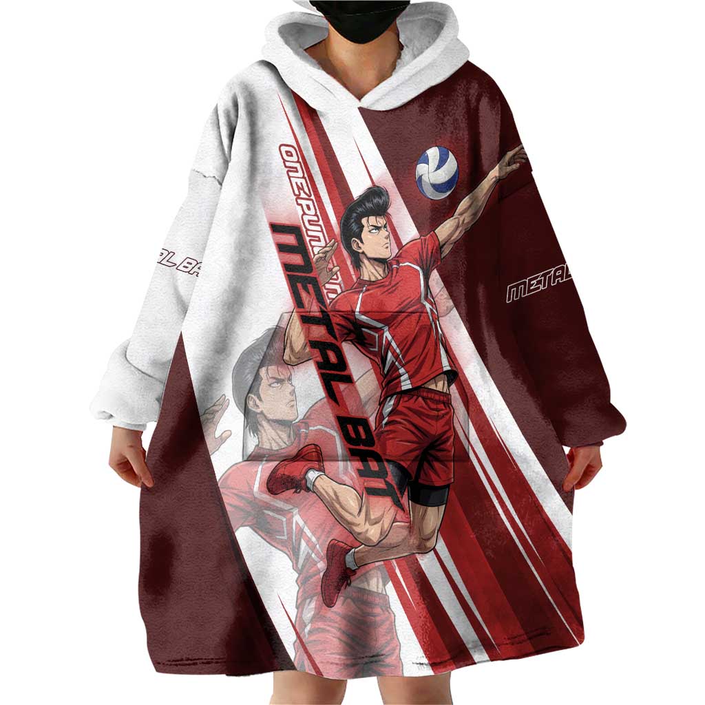 Personalized Metal Bat Volleyball Design Wearable Blanket Hoodie with Red Athletic Theme and Powerful Action Pose