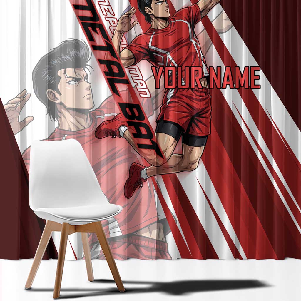 Personalized Metal Bat Volleyball Design Window Curtain with Red Athletic Theme and Powerful Action Pose