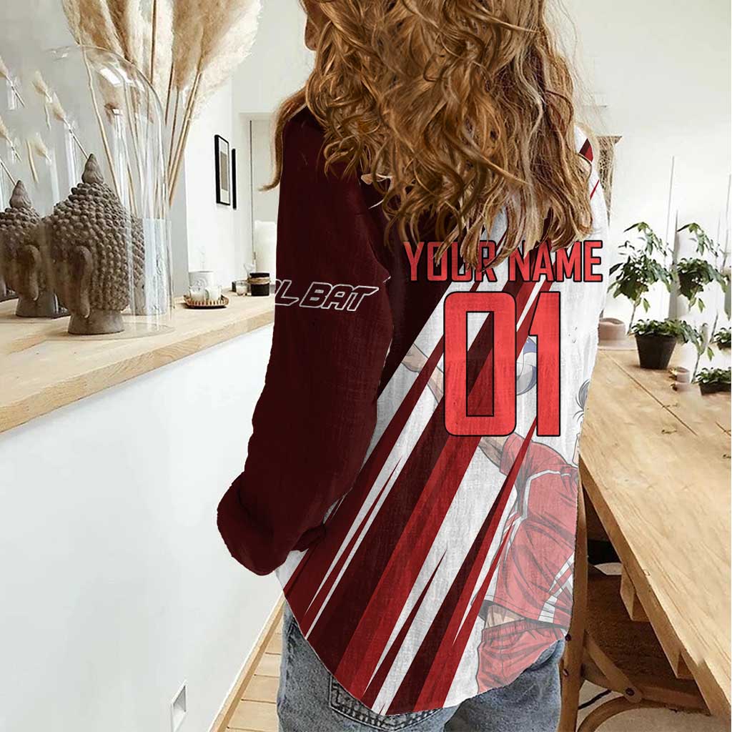 Personalized Metal Bat Volleyball Design Women Casual Shirt with Red Athletic Theme and Powerful Action Pose