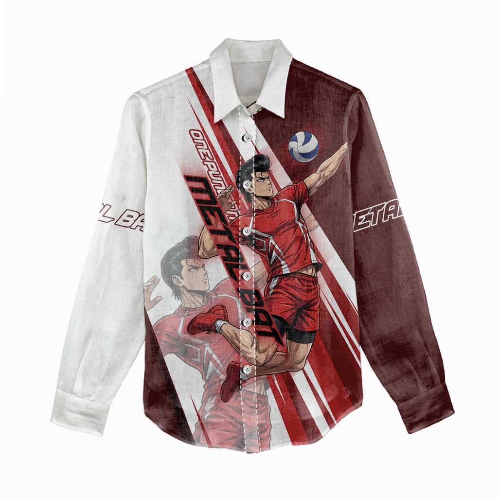 Personalized Metal Bat Volleyball Design Women Casual Shirt with Red Athletic Theme and Powerful Action Pose