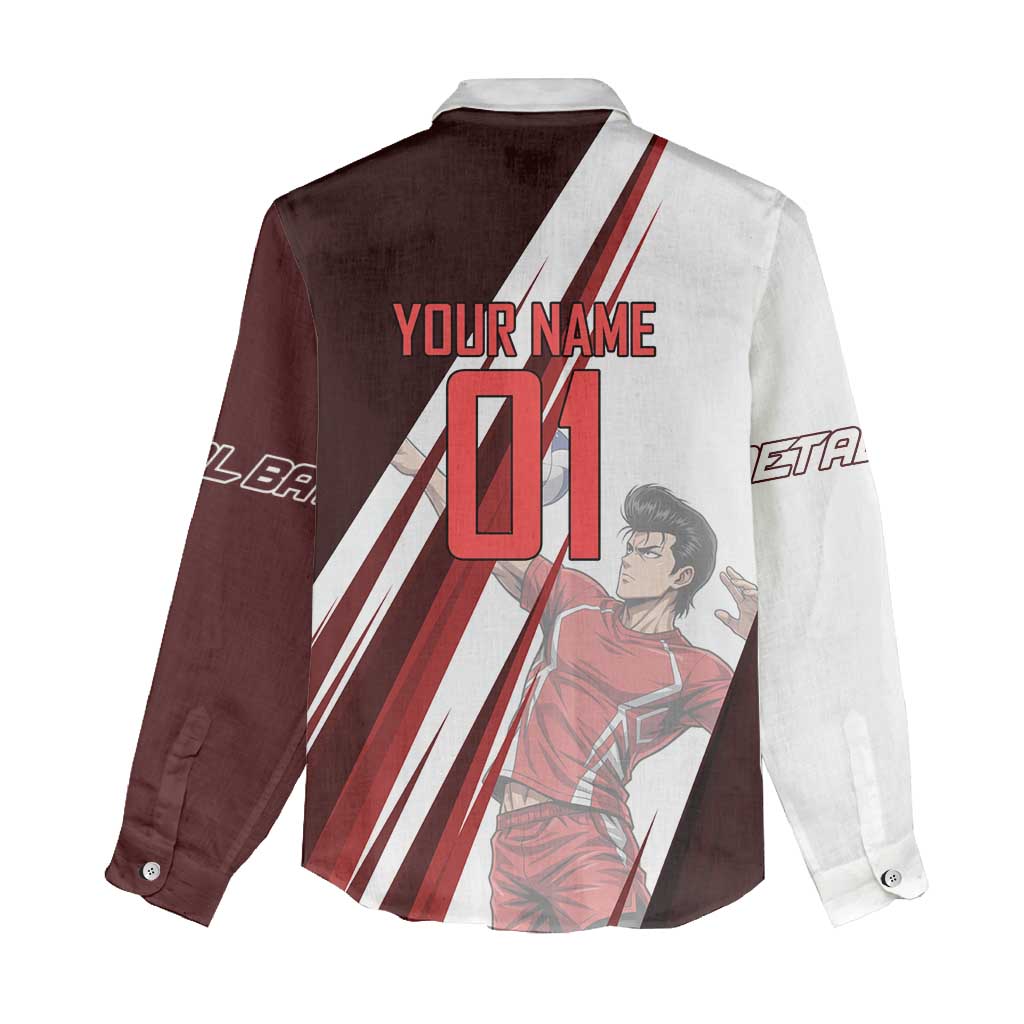Personalized Metal Bat Volleyball Design Women Casual Shirt with Red Athletic Theme and Powerful Action Pose