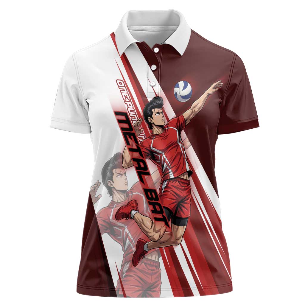 Personalized Metal Bat Volleyball Design Women Polo Shirt with Red Athletic Theme and Powerful Action Pose