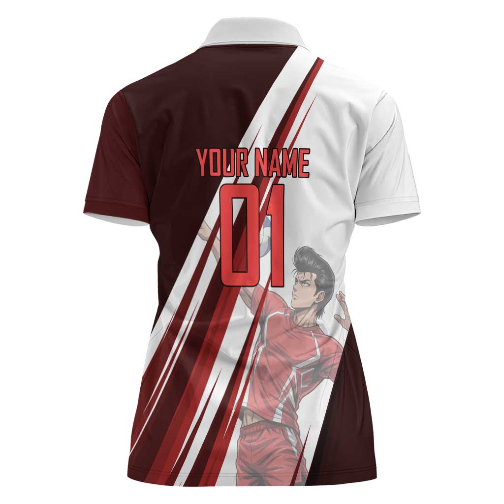 Personalized Metal Bat Volleyball Design Women Polo Shirt with Red Athletic Theme and Powerful Action Pose