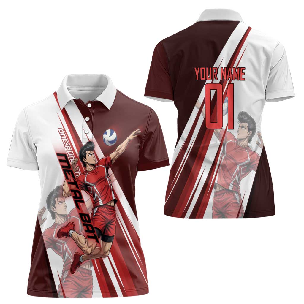 Personalized Metal Bat Volleyball Design Women Polo Shirt with Red Athletic Theme and Powerful Action Pose