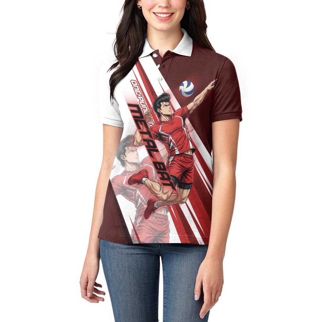 Personalized Metal Bat Volleyball Design Women Polo Shirt with Red Athletic Theme and Powerful Action Pose