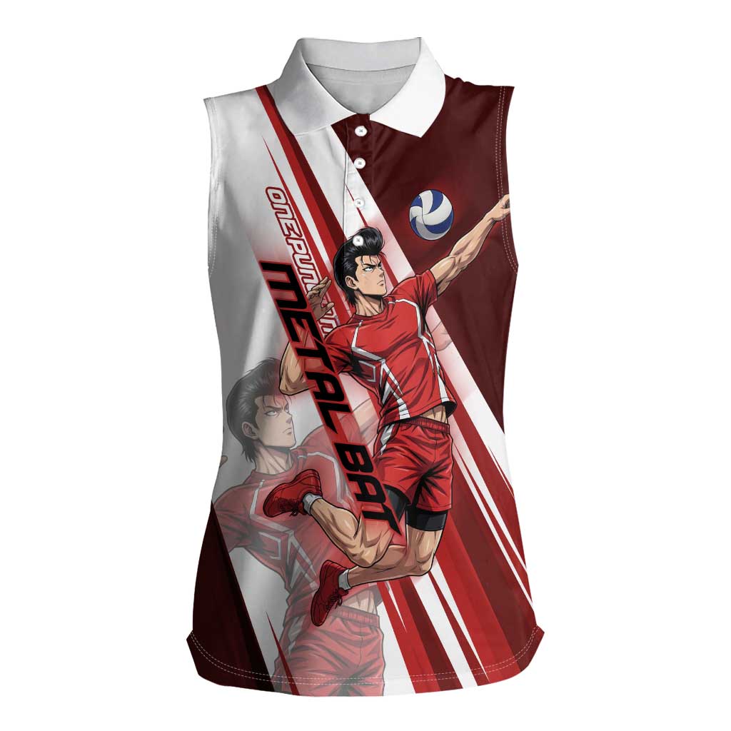 Personalized Metal Bat Volleyball Design Women Sleeveless Polo Shirt with Red Athletic Theme and Powerful Action Pose