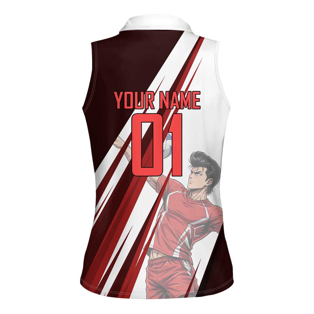 Personalized Metal Bat Volleyball Design Women Sleeveless Polo Shirt with Red Athletic Theme and Powerful Action Pose