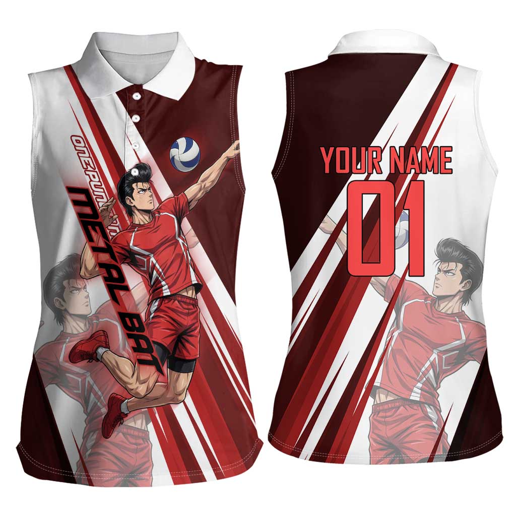 Personalized Metal Bat Volleyball Design Women Sleeveless Polo Shirt with Red Athletic Theme and Powerful Action Pose