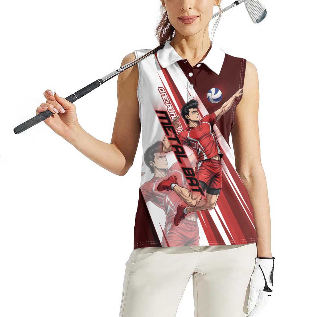 Personalized Metal Bat Volleyball Design Women Sleeveless Polo Shirt with Red Athletic Theme and Powerful Action Pose