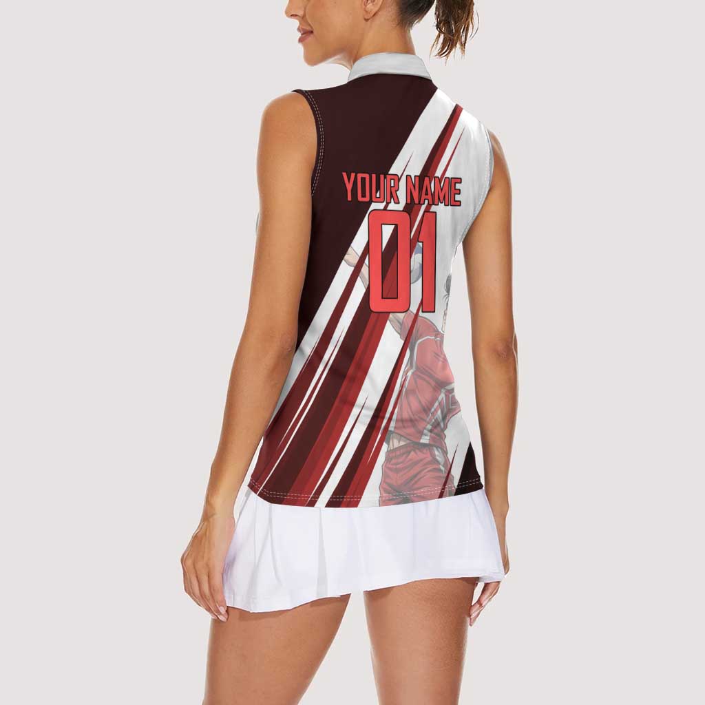 Personalized Metal Bat Volleyball Design Women Sleeveless Polo Shirt with Red Athletic Theme and Powerful Action Pose