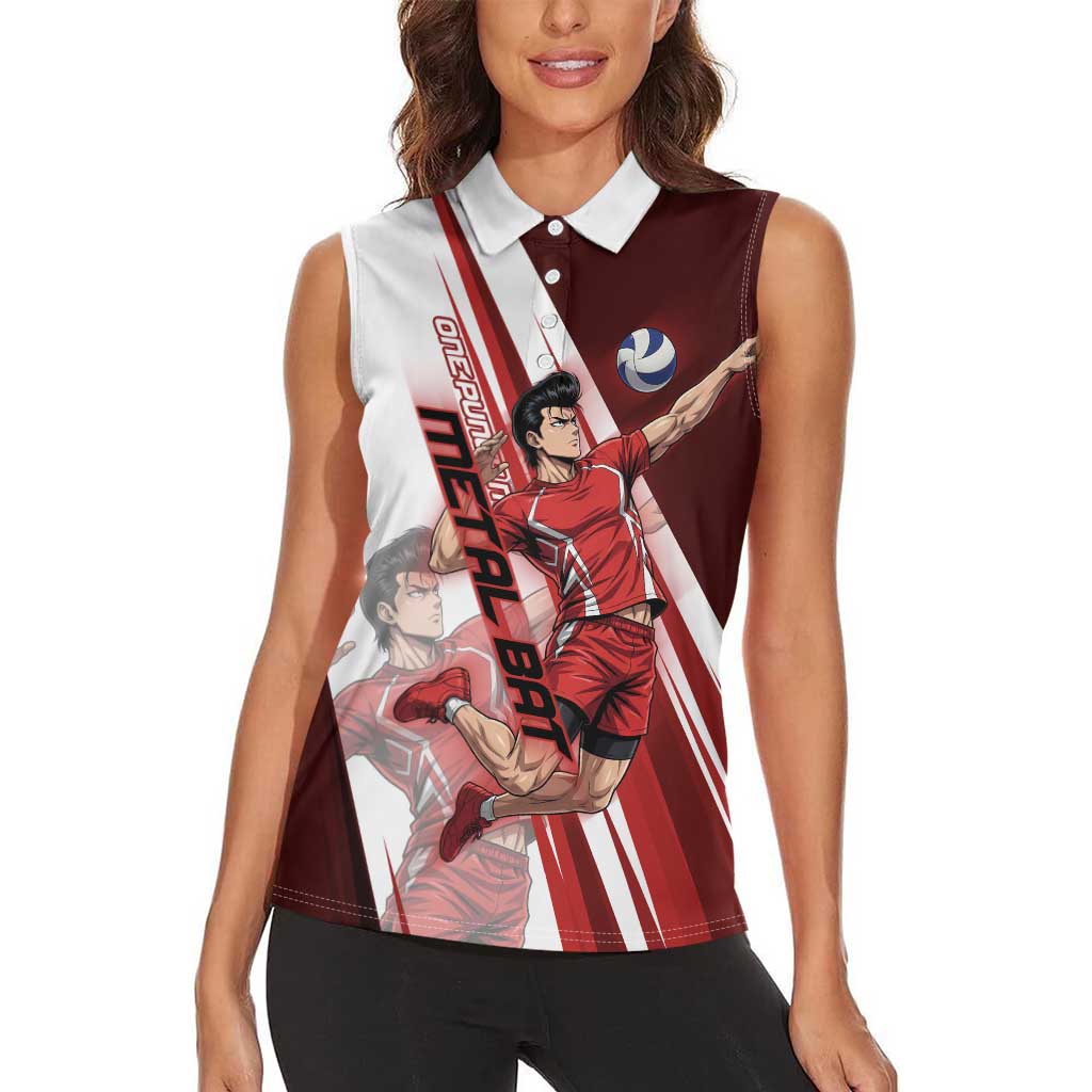 Personalized Metal Bat Volleyball Design Women Sleeveless Polo Shirt with Red Athletic Theme and Powerful Action Pose