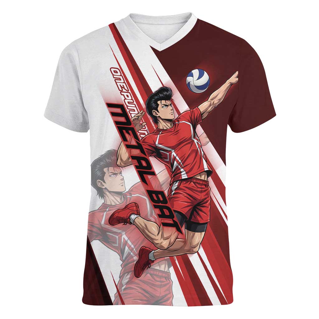 Personalized Metal Bat Volleyball Design Women V-Neck T-Shirt with Red Athletic Theme and Powerful Action Pose